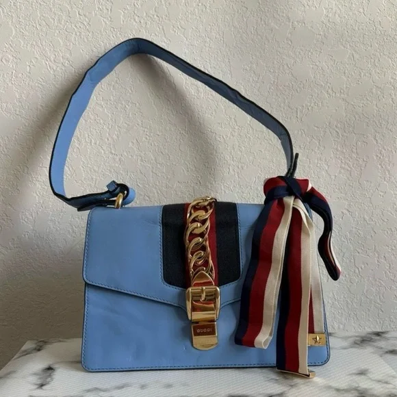 Gucci Sylvie Light Blue Crossbody Bag with Red and Gold Details - Picture 14 of 16